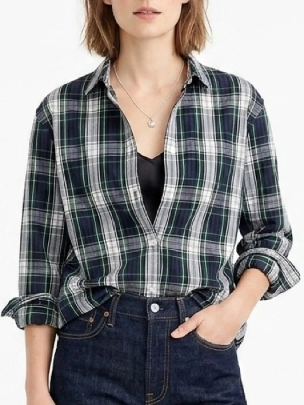 J. Crew Green and Navy Plaid Button-Down Shirt Cotton Fitted Sz XXS
